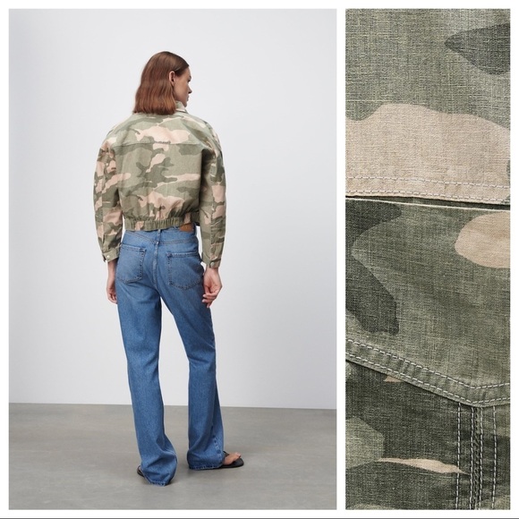 NWT. Zara Green Camouflage Linen Blend Cropped Jacket. Size S, M. - Picture 2 of 9
